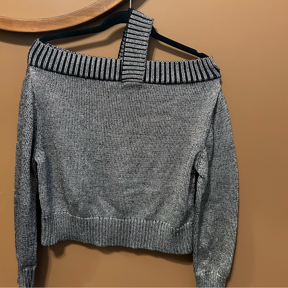 RTA Silver Metallic Beckett Off The Shoulder Sweater Size M Read Description